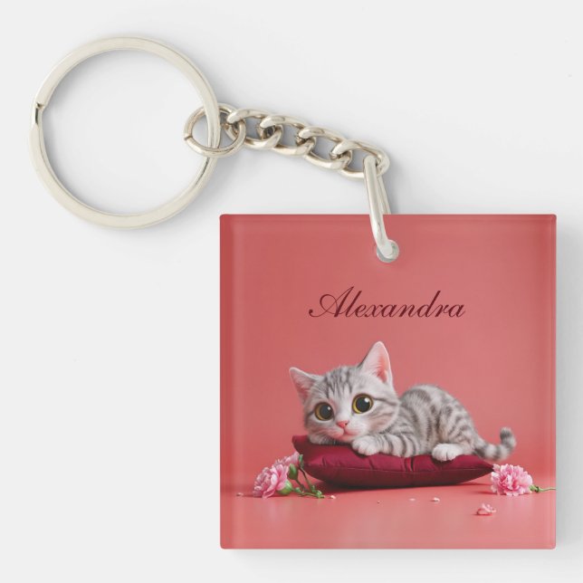 Niedlicher Januar Katze mit Nelken Schlüsselanhänger (Vorderseite)
