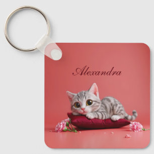 Niedlicher Januar Katze mit Nelken Schlüsselanhänger