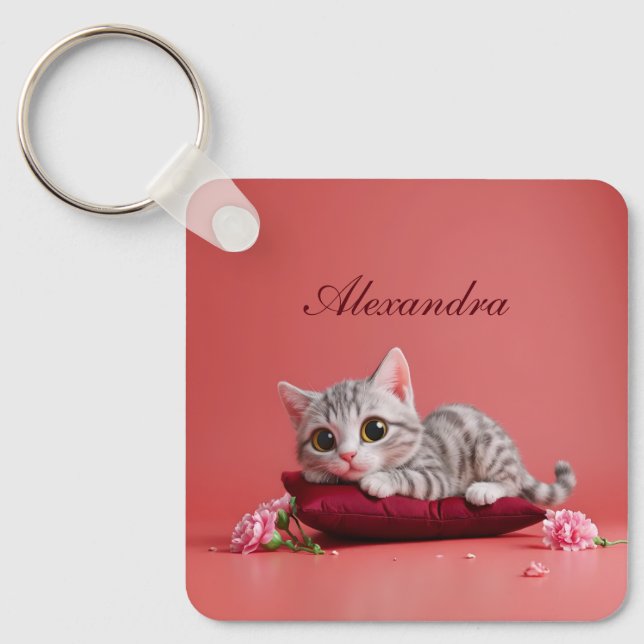 Niedlicher Januar Katze mit Nelken Schlüsselanhänger (Vorderseite)