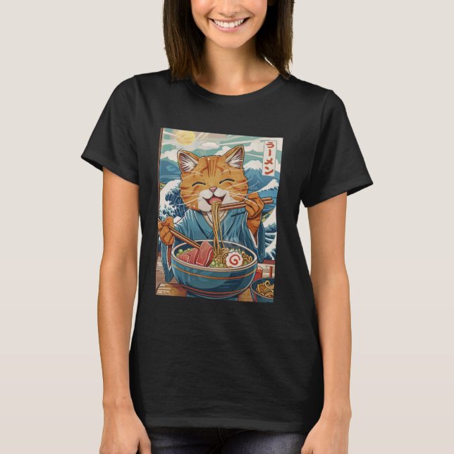 Niedlicher japanischer Ramen Kat The Great Wave T-Shirt (Vorderseite)