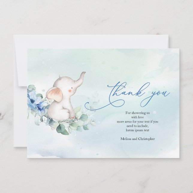 Niedlicher Junge Elephant Dusty Blue Blumen Eukaly Dankeskarte (Vorderseite)