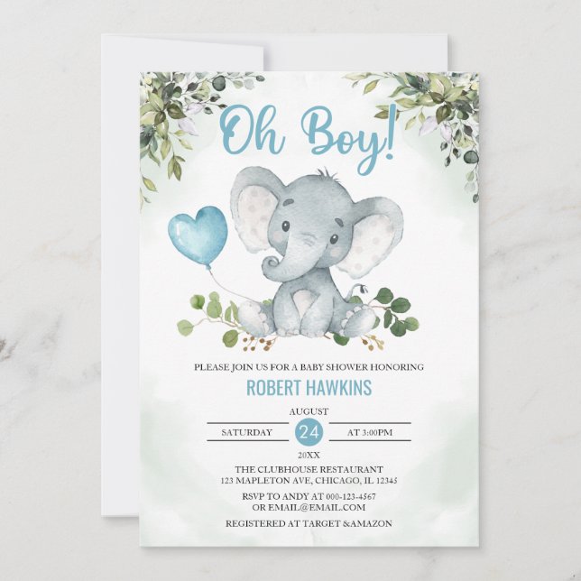 Niedlicher Junge Elephant Watercolor Baby Shower I Einladung (Vorderseite)