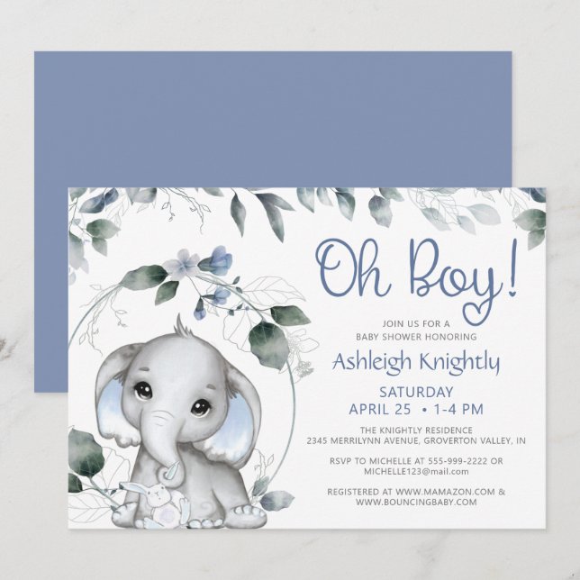 Niedlicher Junge Elephant Watercolor Grüne Kinderd Einladung (Vorne/Hinten)