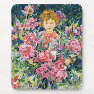Niedlicher Junge mit Blume aus rotem Peony (von Ro Mousepad