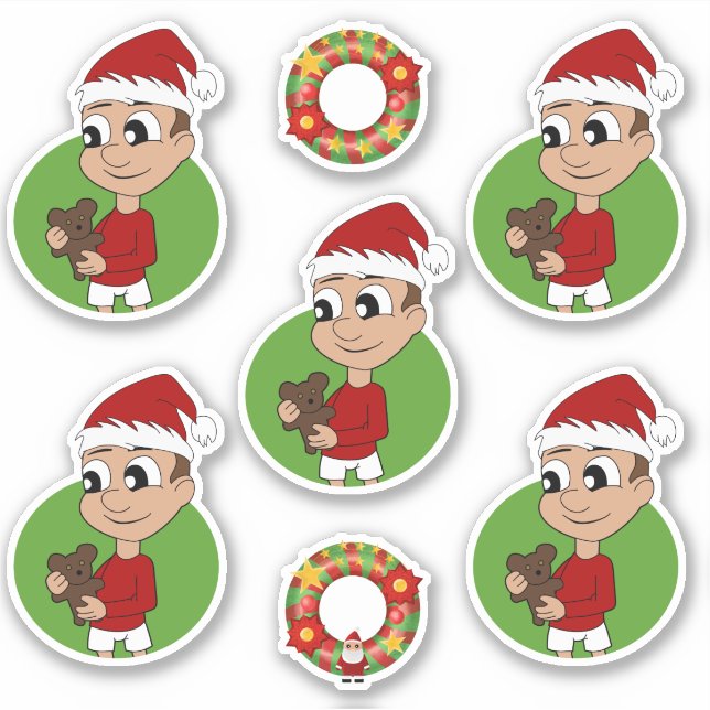 Niedlicher Junge mit Teddybär Weihnachtsaufkleber Aufkleber (Vorderseite)