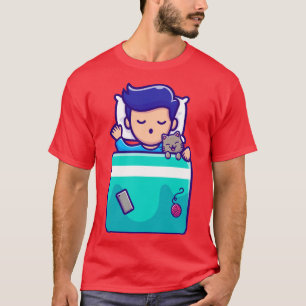 Niedlicher Junge schläft mit Cat Cartoon T-Shirt