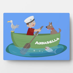 Niedlicher Junge Segelschiff und Hunderuderschiff Fotoplatte