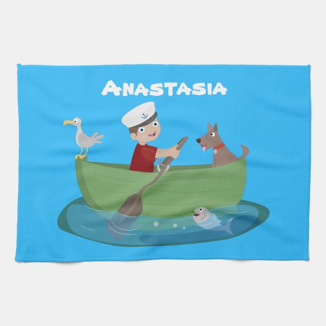Niedlicher Junge Segelschiff und Hunderuderschiff  Geschirrtuch (Horizontal)