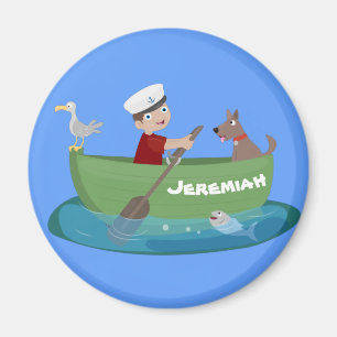 Niedlicher Junge Segelschiff und Hunderuderschiff  Magnet