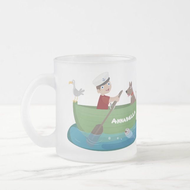 Niedlicher Junge Segelschiff und Hunderuderschiff  Mattglastasse (Links)