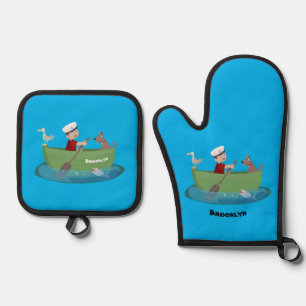 Niedlicher Junge Segelschiff und Hunderuderschiff  Ofenhandschuh & Topflappen-Set