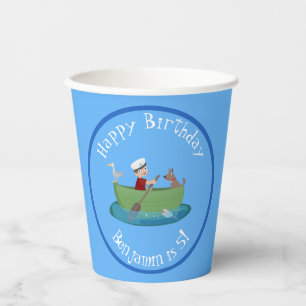Niedlicher Junge Segelschiff und Hunderuderschiff Pappbecher