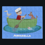 Niedlicher Junge Segelschiff und Hunderuderschiff  Puzzle<br><div class="desc">Für Wasserspass! Dieses Design zeigt einen Jungen,  der sein Boot auf dem Ozean mit einem Hund und Seemann mit einem glücklichen Fisch Sprichwort hallo! Gezeichnet im niedlichen Cartoon-Illustrationsstil.</div>