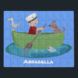 Niedlicher Junge Segelschiff und Hunderuderschiff  Puzzle<br><div class="desc">Für Wasserspass! Dieses Design zeigt einen Jungen,  der sein Boot auf dem Ozean mit einem Hund und Seemann mit einem glücklichen Fisch Sprichwort hallo! Gezeichnet im niedlichen Cartoon-Illustrationsstil.</div>
