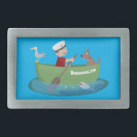 Niedlicher Junge Segelschiff und Hunderuderschiff  Rechteckige Gürtelschnalle<br><div class="desc">Für Wasserspass! Dieses Design zeigt einen Jungen,  der sein Boot auf dem Ozean mit einem Hund und Seemann mit einem glücklichen Fisch Sprichwort hallo! Gezeichnet im niedlichen Cartoon-Illustrationsstil.</div>