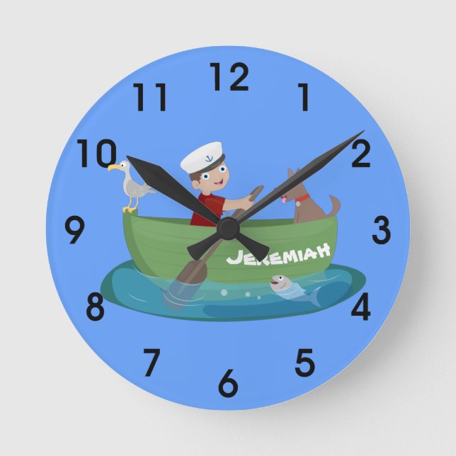 Niedlicher Junge Segelschiff und Hunderuderschiff  Runde Wanduhr (Vorderseite)