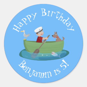 Niedlicher Junge Segelschiff und Hunderuderschiff Runder Aufkleber