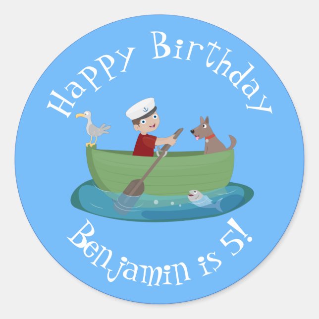 Niedlicher Junge Segelschiff und Hunderuderschiff  Runder Aufkleber (Vorderseite)