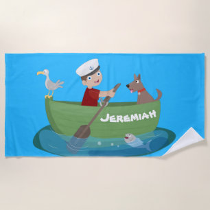 Niedlicher Junge Segelschiff und Hunderuderschiff Strandtuch