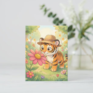 Niedlicher junger Tiger mit Hut im Garten Postkarte