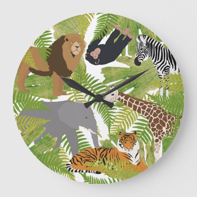 Niedlicher Jungle Animals Safari Boy | Mädchen Große Wanduhr (Vorderseite)