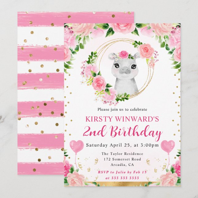 Niedlicher Jungle Hippo Kindergeburtstag Einladung (Vorne/Hinten)