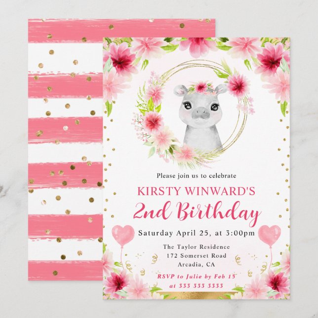 Niedlicher Jungle Hippo Kindergeburtstag Einladung (Vorne/Hinten)