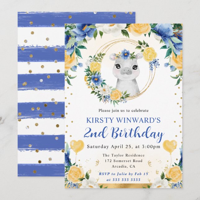 Niedlicher Jungle Hippo Kindergeburtstag Einladung (Vorne/Hinten)