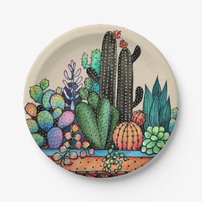 Niedlicher Kakteen Garden in Pot Pappteller (Vorderseite)