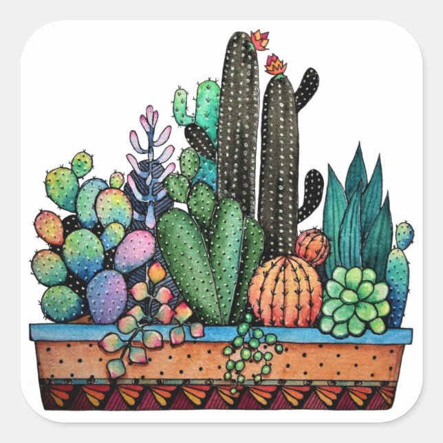 Niedlicher Kakteen Garden in Pot Quadratischer Aufkleber (Vorderseite)