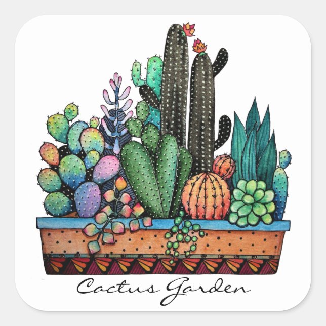 Niedlicher Kakteen Garden in Pot Quadratischer Aufkleber (Vorderseite)