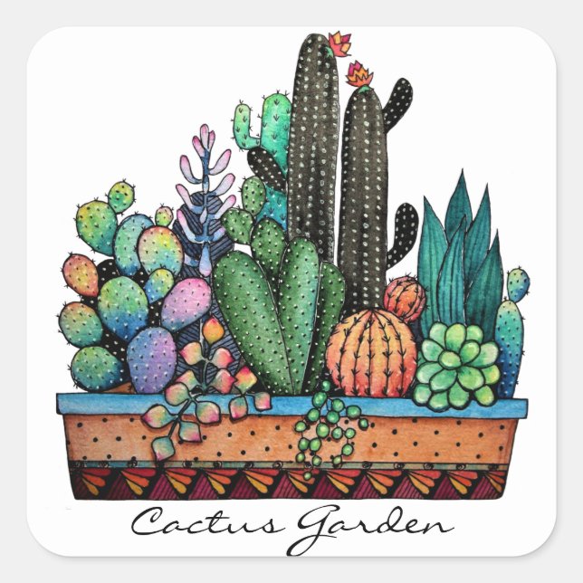 Niedlicher Kakteen Garden in Pot Quadratischer Aufkleber (Vorderseite)