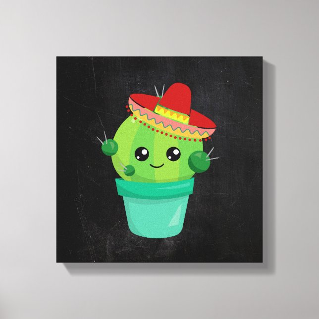 Niedlicher Kaktus in einem Sombrero auf schwarzer  Leinwanddruck (Vorderseite)