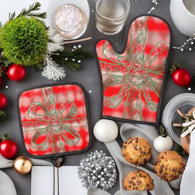 Niedlicher, karierter, weißer Salbeigenbogen Ofenhandschuh & Topflappen-Set (Von Creator hochgeladen)