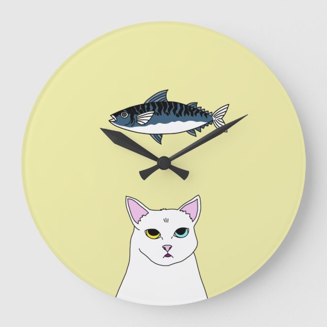 Niedlicher Katzen-Fisch-Cartoon runde Wand-Uhr Große Wanduhr (Vorderseite)