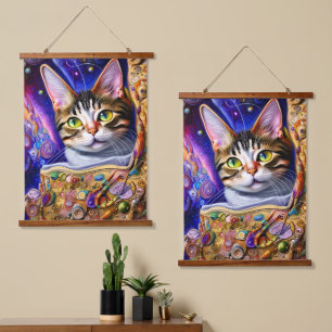 Niedlicher Katzenanfänger Neon Hintergrund Katze Wandteppich Mit Holzrahmen
