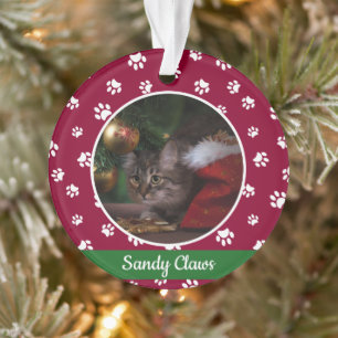 Niedlicher Katzenfoto-Name-Jahr Rot-Weiße Pfotenab Ornament