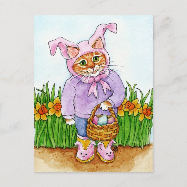 Niedlicher Katzenhahn Anzug Narzissen Pink Ostern  Postkarte (Vorderseite)