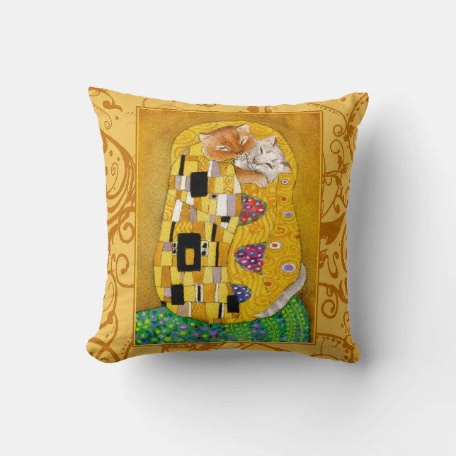 Niedlicher Katzenkäfer Cartoon Klimt Das Kiss Gold Kissen (Vorderseite)