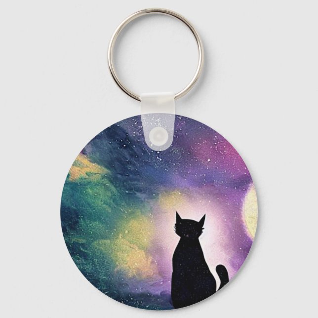 Niedlicher Katzenmond und Galaxiesterne Lila Schlüsselanhänger (Vorderseite)