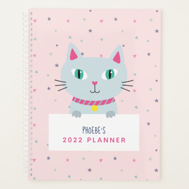 Niedlicher Katzenname Personalisiert Rosa Planer (Vorderseite)