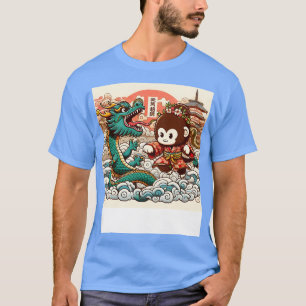Niedlicher Kawaii-Affe gegen Dragon in Japan Pagod T-Shirt