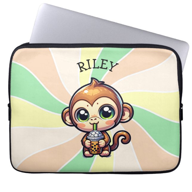 Niedlicher Kawaii-Affe mit Bubble Tee Personalisie Laptopschutzhülle (Vorderseite)