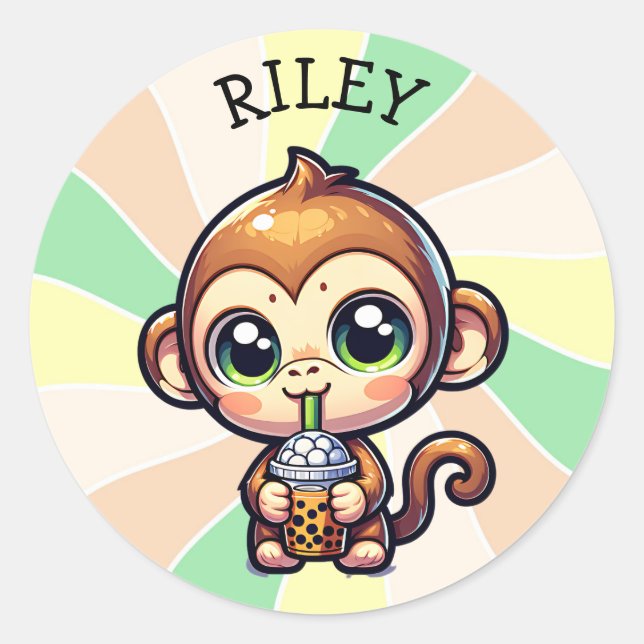 Niedlicher Kawaii-Affe mit Bubble Tee Personalisie Runder Aufkleber (Vorderseite)