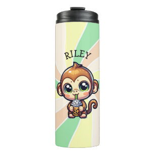 Niedlicher Kawaii-Affe mit Bubble Tee Personalisie Thermosbecher