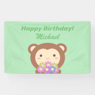 Niedlicher Kawaii-Affe und Blume Glücklich zum Geb Banner