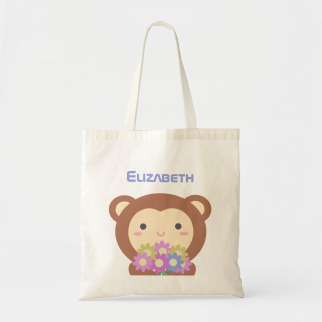 Niedlicher Kawaii-Affe und Blume Lila Rosa Name Tragetasche (Vorne)