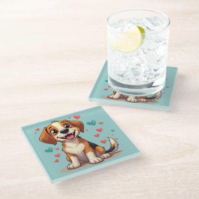 Niedlicher Kawaii-Beagle mit Herz spielendem Hund Glasuntersetzer (Schrägansicht)