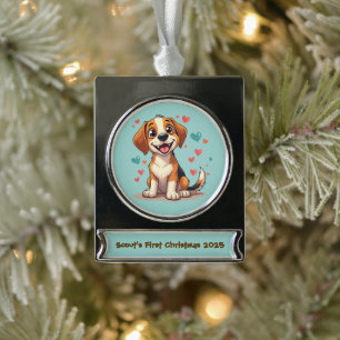 Niedlicher Kawaii-Beagle mit Herz spielerischer Hu Banner-Ornament Silber