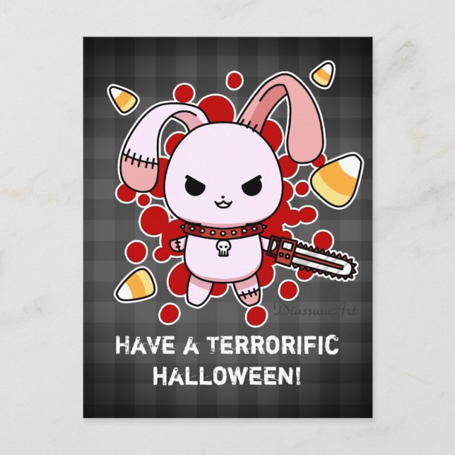 Niedlicher Kawaii-Böse-Hase mit Kettensäge Postkarte (Vorderseite)